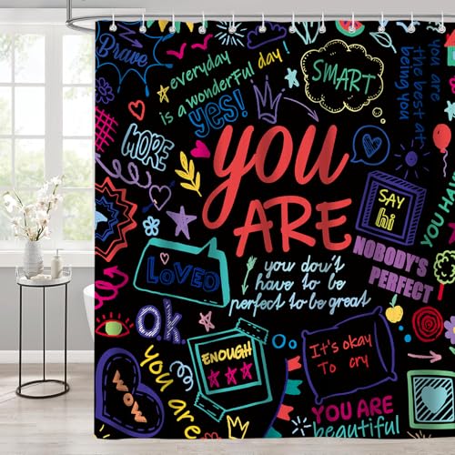 Image of iTapnoom Funny Kids Inspirational Quotes Shower Curtain, Colorful Positive Words Black Graffiti Artwork Unisex Bathroom Decor Set, Waterproof Polyester Fabric Bath Curtain with Hooks 72x72 Inch