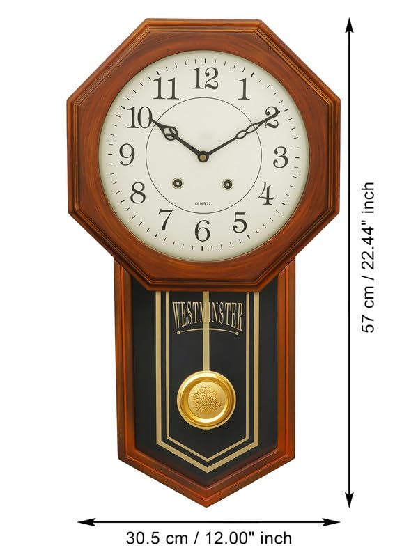 Image of CHRONIKLE Decorative Vertical Pendulum Wooden Case Analog English Numbers Musical Wall Clock for Living Room Home Decor Office Gifts (Size: 31 x 7 x 56.6 CM | Weight: 1825 Gram | Color: Brown)