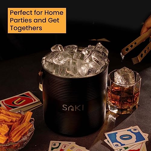 Image of SAKI | Black and Gold Ice Bucket with Tong - 1500 ml | Stainless Steel Double Walled Insulated | Ice Bucket for Bar & Home | Ripple Design Ice Bucket | Perfect for Gifting