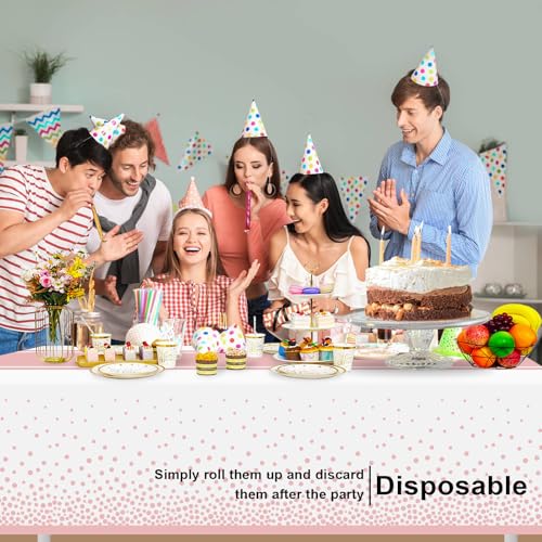 Image of 6 Pack White and Rose Gold Tablecloth Party Decorations Plastic White Tablecloth Printed Rose Gold Table Runner 54 x108 Inch Disposable Rectangle Table Cover for Birthday Wedding Graduation