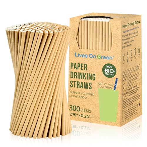 [300 Pack] Lives on Green Kraft Brown Paper Straws 7.75 x 0.24 Compostable Disposable Drinking Straws for Smoothie Juice Cocktails Cold Drinks Parties Restaurants & Crafts