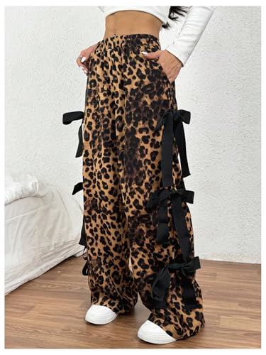 SweatyRocks Women's Leopard Print Bowknot Pant Straight Leg Elastic Waist Baggy Pants with Pockets4