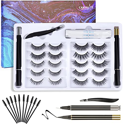 Canvalite 10 Pairs Faux Cils Naturel Cils Extension, 3D Faux Cils Eyeliner Kit, Cils et Eyeliner Naturels Set, Eye-liner Cils Set avec Pince à Cils Cover