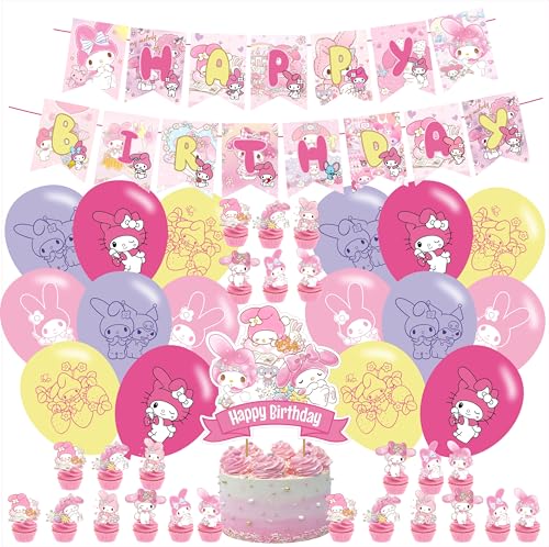My Melodyy Party Decorations Cute Cartoon Pink Birthday Party Supplies For Melodyy Party Supplies Includes Banner - Cake Topper - 24 Cupcake Toppers - 18 Balloons