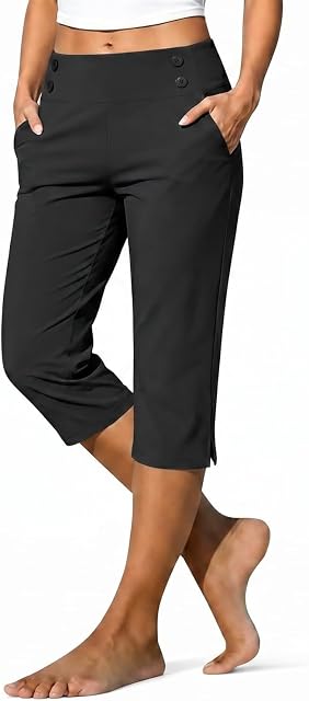 Capri Leggings for Women Stretchy High Waist Capris Casual Solid Slim Fit Pants with Pocket Summer Yoga Work Trousers