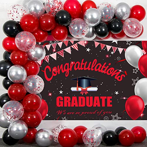 2025 Graduation Decorations Class of 2025, Red and Black Graduation Party Decorations with Congratulations GRADUATE Banner Balloons Backdrop for Nurse College Primary
