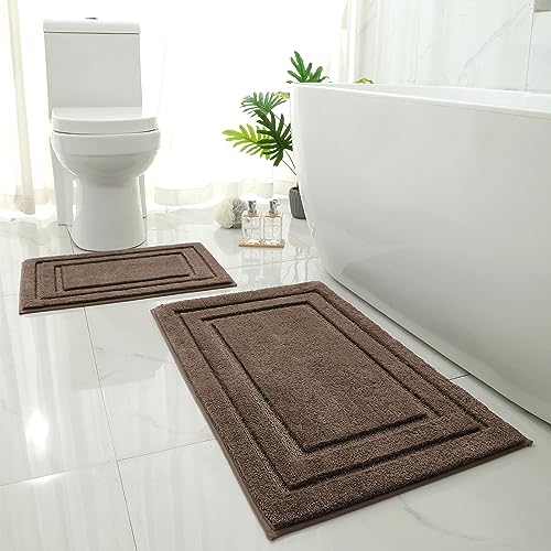 HOMEIDEAS Bathroom Rugs Sets 2 Piece Super Soft and Absorbent Non Slip Microfiber Machine Washable Bath Mat Set (20 x 32 + 16 x 24 Brown)