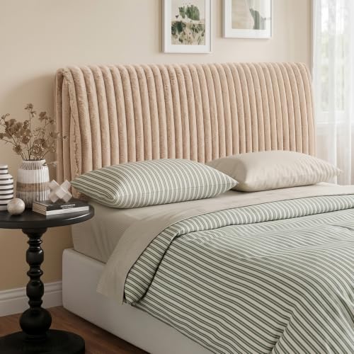 Image of Pinmoco 4.7 inch Upholstered Modern Headboard for Full Size Bed, Height Adjustable and Ergonomic Headboard, Easy Assemble, Sturdy and Durable, Faux Rabbit Fur, Light Camel