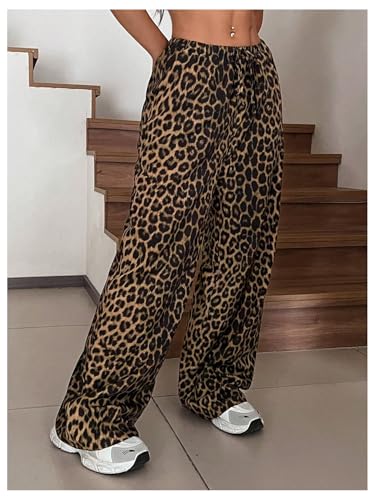 Floerns Women's Drawstring Waist Leopard Print Trousers Tie Front Wide Leg Pants4