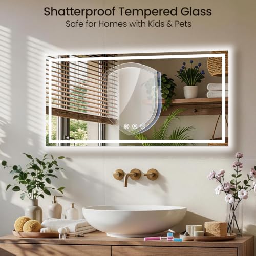Image of 48x24 LED Bathroom Mirror with Anti-Fog, Backlit & Front Lit, Memory | Stepless Dimmable 3 Color CRI 95+ Shatterproof Tempered Glass ETL Listed for Safety Lighted Bathroom Vanity Mirror for Wall