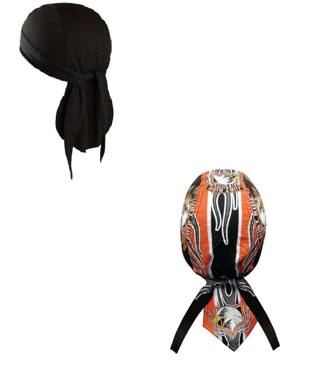 Headwrap Durag Doo Rag Skull Cap Lot or Set of 2 Black Orange Just Ride Eagle with Sweatband