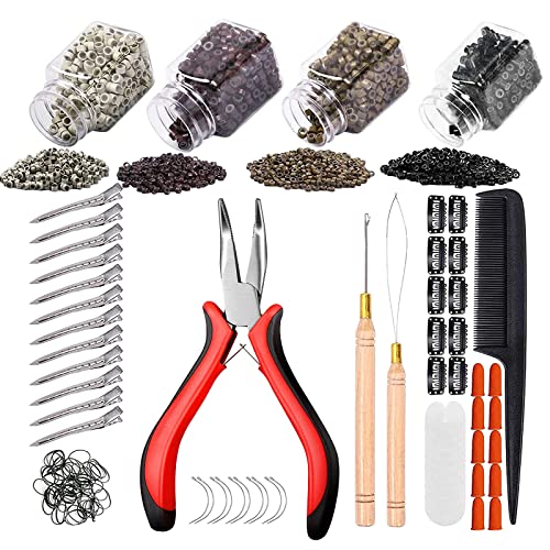 Hair Extension Kit Pliers Pulling Hook Loop Needle Threader Hair Extensions Tools with 4 Color 800 Pieces Micro Ring Beads (Black, Brown, Dark Blonde, Blonde)