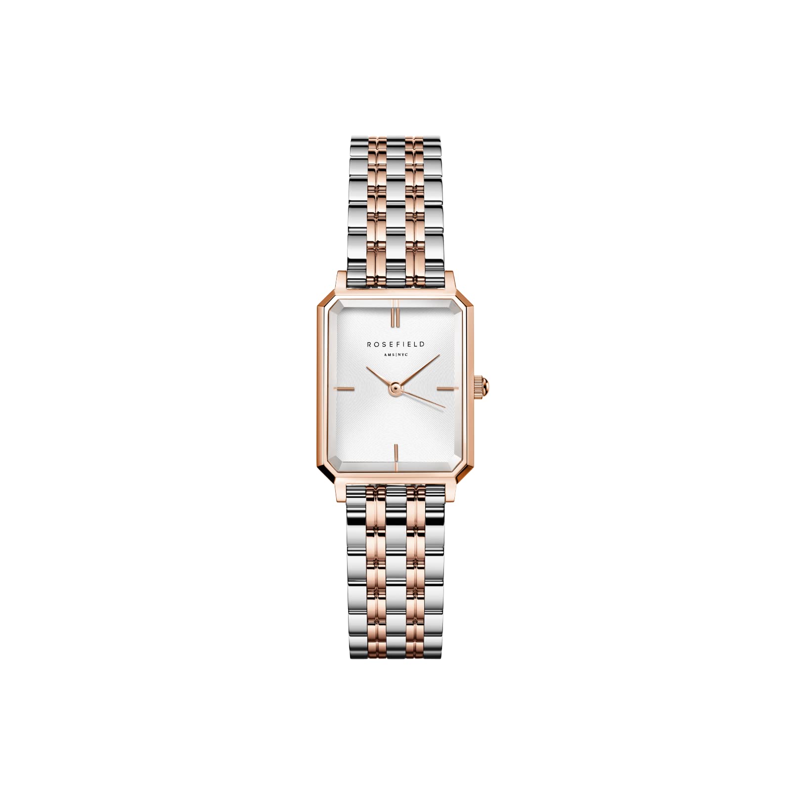 RosefieldOctagon XS, Silver/Rose Gold, Adult Women's Dress Watch, 19.4mm Octagonal Face, 12mm Rose Gold Bracelet, Deployment Clasp