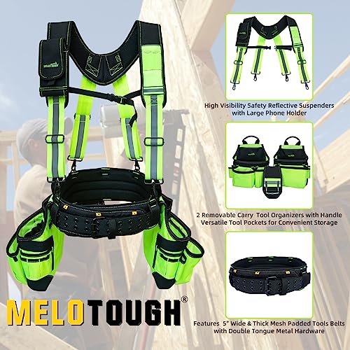 Image of MELOTOUGH Reflective Safety Tool Belt with Suspenders Tool Bag Supenders Framers Comb Apron Construction Tool Pouch Builder Heavy Duty Carpenter Suspension Rig for Electrician, Roofing