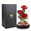 Beauty and the beast rose classic red rose with led lights and falling petals gifts for women birthday gifts for mom light up rose in glass dome flower gifts for her  urban country home decor