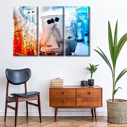 Image of Scientist and Test Tubes Laboratory Concept Framed Wall Art Chemical Equations and Periodic Table Pictures Wall Prints 3 Panels Prints for Wall Decor Stretched and Framed Ready to Hang (36 inch Wx24 H)