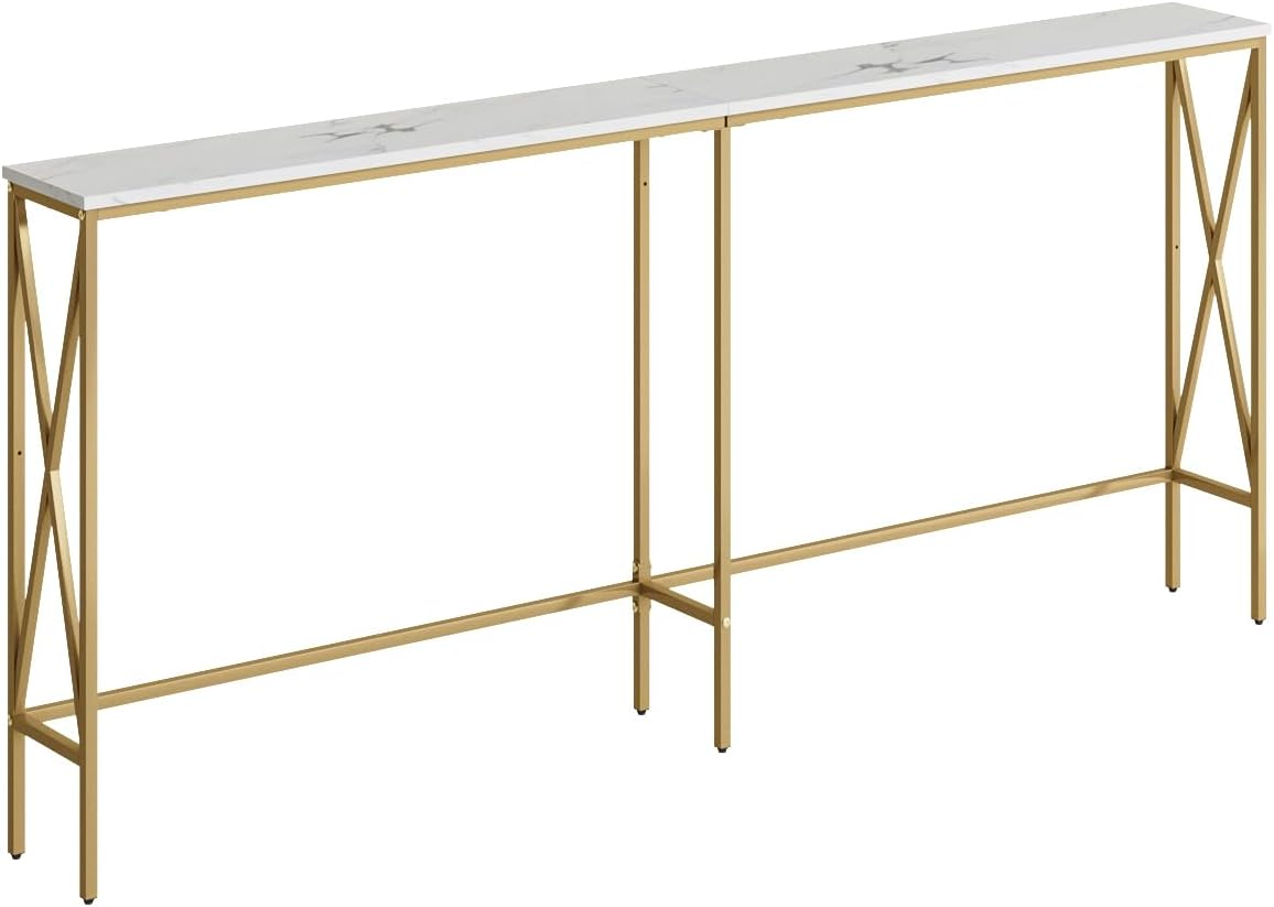 Masupu 70.9" Console Table, Modern Narrow Long Sofa Table Behind Couch, Skinny Entry Table, Industrial Sofa Table with Metal Frame for Hallway, Living Room, Marble White 8" W x 70.9" L x 31.7" H Marble White