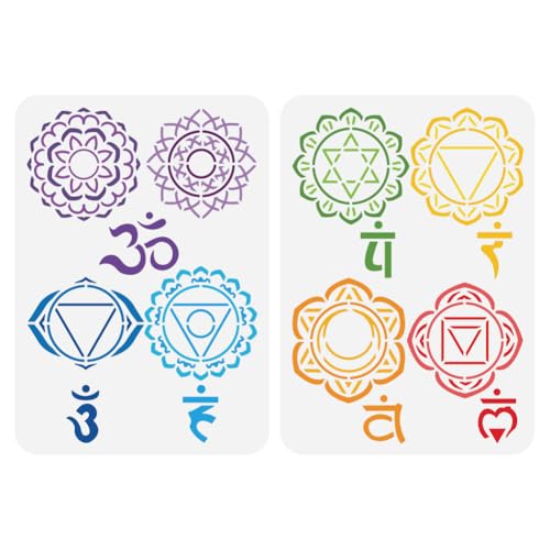 FINGERINSPIRE 2PCS Chakra Symbols Painting Stencil 21x29.7cm Reusable Yoga Meditation Stencil Plastic Mandala Flower Stencil Yoga Symbols Stencil Template for Painting on Wall Canvas Tile Furniture