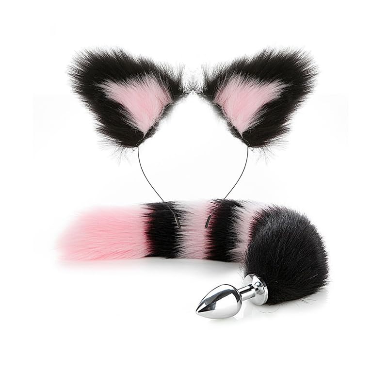 Ceciley Wolf Fox Furry Tail Plug and Ears Headband Animal Costume Fancy Dress Halloween Adjustable Faux Fur Tail and Ears (Pink Black)