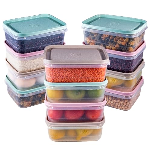 TUKA - Juego 12 de Herméticos, tupper de 850 ml de Plástico Rectangulares, con Tapa de Silicona Resistente, Apto para Lavavajillas Microondas y Congelador (Rosa, Verde y Gris) (12 x 850 ml)