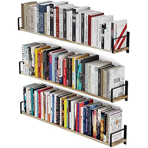 Wallniture Toledo Floating Bookshelf Set of 3, Wood Floating Shelves for Wall Storage, 36"x6" Long Wall Shelves for Living Room, Bathroom, Bedroom, Kitchen Pantry,Burnt Finish Cover