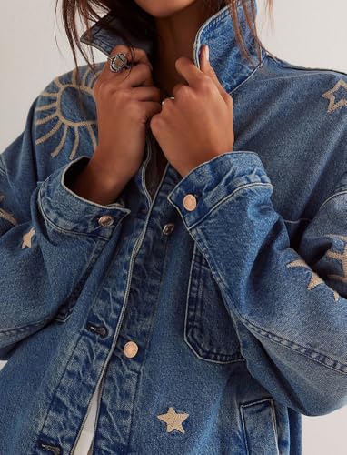 chouyatou Women's 2025 Fall Embroidery Denim Jacket Vintage Boyfriend Casual Oversized Jean Jacket4