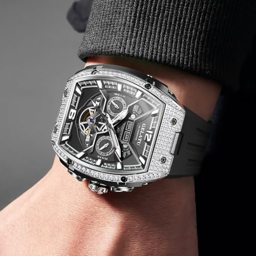 Image of OLEVS GELATU Watch for Men Mechanical Luxury Diamond Watch Skeleton Automatic 50M Waterproof Sapphire Crystal Square Face Multi Calendar Function