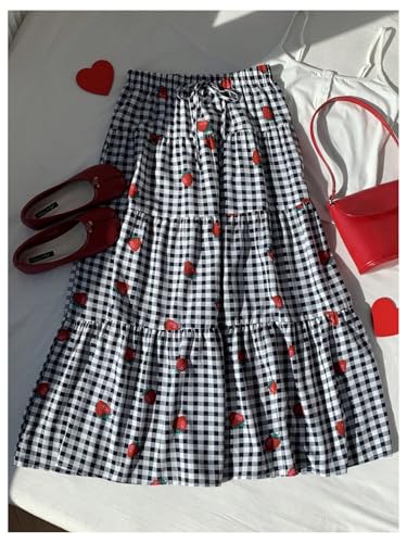 Verdusa Women's Plaid Maxi Skirt Y2k Checkered Strawberry High Waisted A Line Long Skirt4