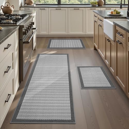 PADOOR Non Slip Kitchen Rugs Sets of 3 - Extra Large 2.5'x6' + 20"x32" + 20"x32" Runner Rugs for Kitchen Floor Non Skid Washable, Absorbent Kitchen Mat for in Front of Sink 3 Piece Grey Grey
