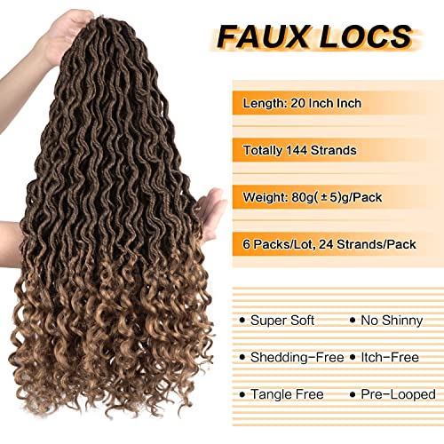 PEACOCO 6Pcs/Lot Goddess Locs Crochet Hair Wavy Curly Faux Locs Crochet Braids Synthetic Hair Extensions 20 Inch Dreadlocks Crochet Locs with Curly Ends (T1B/27)