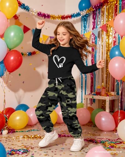 Image of Betusline Girls Fall Winter Clothing Sets, Long Sleeve Crop Top & Cargo Jogger Pants 2 Piece Outfit Sets,4T-14Y
