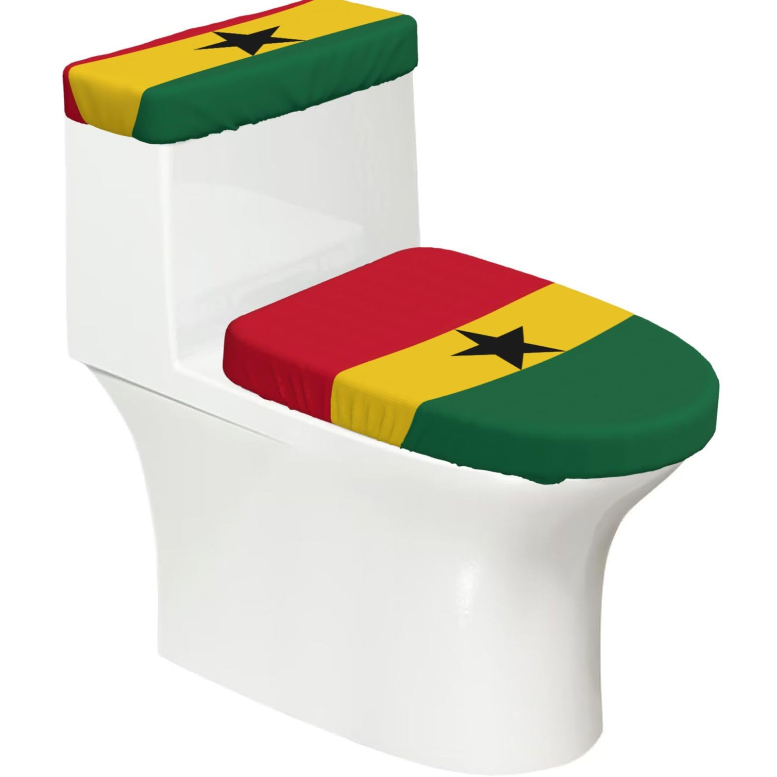 Flag of Ghana Printed Toilet Tank and Lid Cover Set of 2 for Most Bathrooms, Fits Elongated Round Toilets