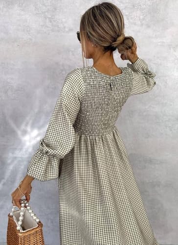 Women's Green Checkered Long Lantern Sleeve Shirred Waist Maxi Dress Crewneck Ruffled Hem Elegant Casual 2025 Fashion4