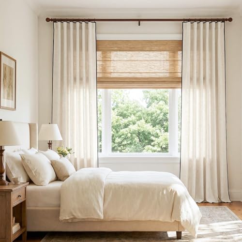 Image of jinchan Beige Linen Curtains with Black Trim Back Tab 50 x 96 Inch 2 Panels