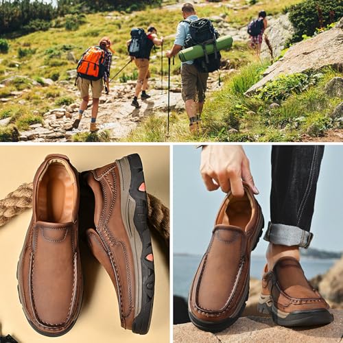 Men Non Slip Hiking Shoes, Waterproof Leather Loafers, Casual Lightweight Slip on Walking Sneakers, for Walking Trekking Outdoor 6