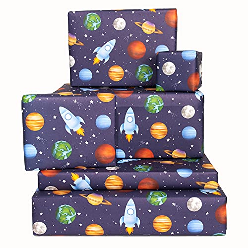Papier cadeau pour garçons rouleau bleu thème espace et jeux astres