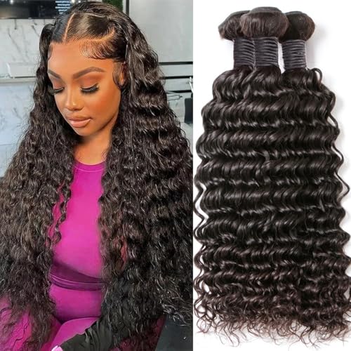 Deep Wave Brazilian Virgin Human Hair Weave 3 Bundles Deep Curly 12A Grade Unprocessed Human Hair Extensions For Black Women Natural Black 100g/pc (Deep Wave Bundles 10 12 14 Inch)