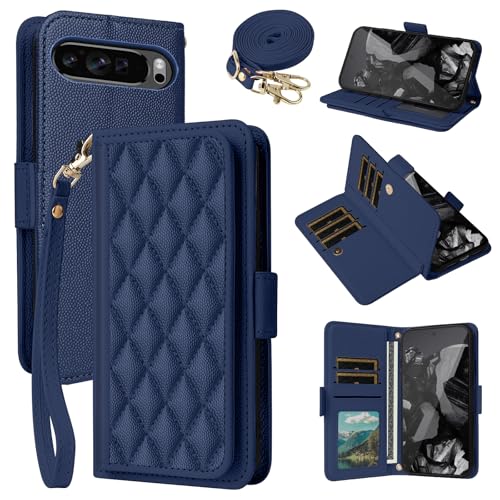 Étui portefeuille Google Pixel 9 Pro XL en cuir avec porte-cartes et bandoulière