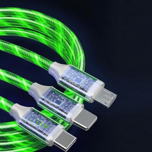 Image of AYI 6 in 1 USB LED Charging Cable, 39in Dynamic Flowing Light Cord, Flexible PVC Tangle-Free Wire, Smart Chip with Trickle Charge, Universal Data Sync Cable for Phones, Tablets, and More, Green.
