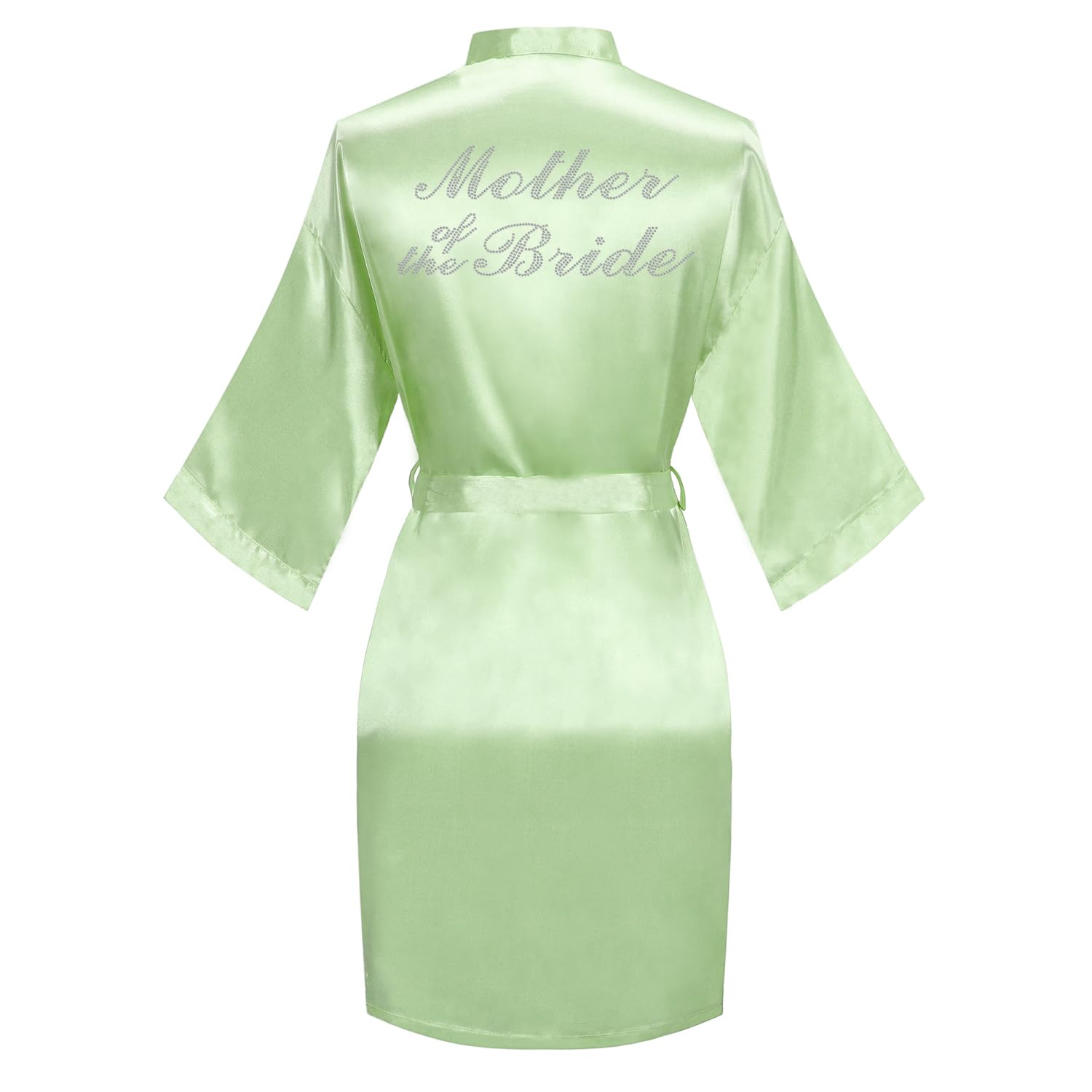 Women's Satin Robe Bride Bridesmaid Short Kimono Robes with Silver Rhinestones for Wedding Party Getting Ready