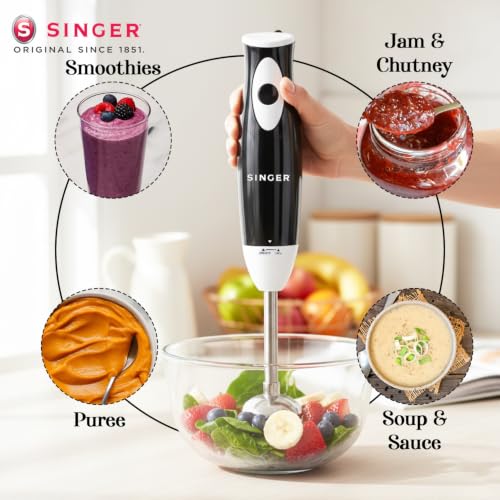 Image of SINGER Blendprep Hand Blender 300W Powerful Copper Motor | 3-in-1 Blender, Chopper & Whisk | Silent DC Motor | Stainless Steel Ninja Blade | Easy Push Button | 2-Year Warranty | ISI Certified