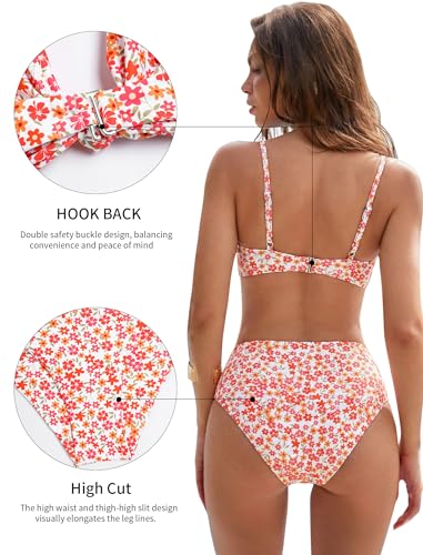 ZAFUL Bikini Set for Women V Neck Knot Front Push Up Bathing Suit High Cut Two Piece Swimsuit Brazilian Cheeky Swimwear (US, Alpha, X-Small, Regular, Regular, Rose Red Floral) — view 5