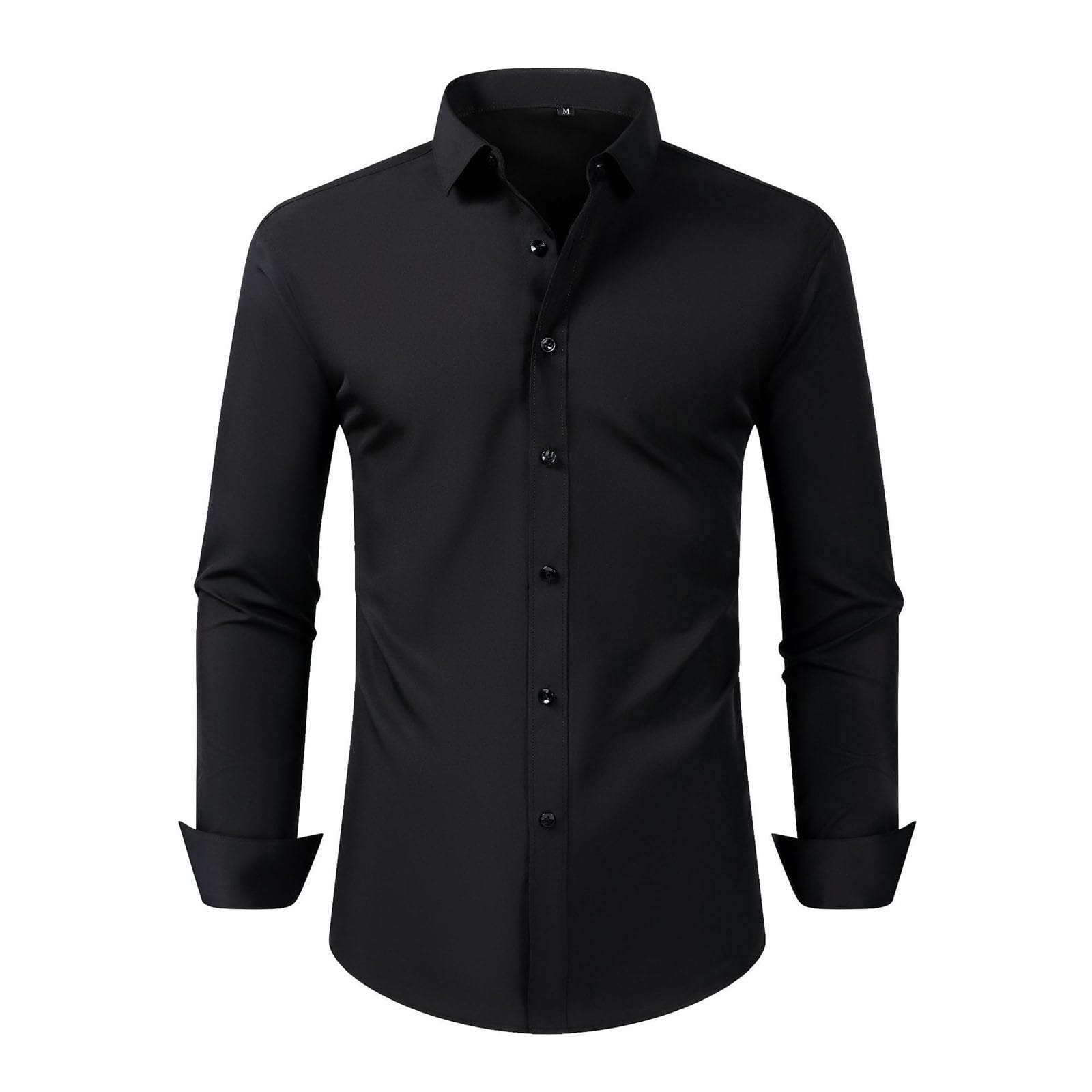 Mens Dress Shirts Long Sleeve Stretch Formal Tshirt Solid Lapel Collar Top Business Casual Wedding Button Down Shirt
