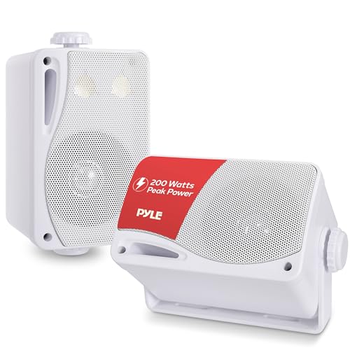 Pyle 3-Way Weatherproof Outdoor Speaker Set - 3.5 Inch 200W Pair of Marine Grade Mount Speakers - in a Heavy Duty ABS Enclosure Grill - Home, Boat, Poolside, Patio, Indoor Outdoor Use -PLMR24 (White)