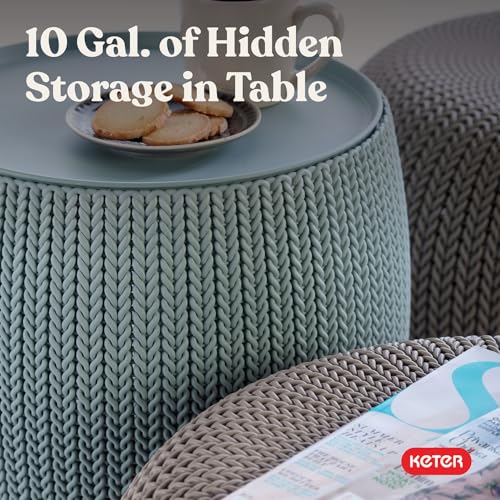 Image of Keter Urban Knit Pouf Ottoman Set of 2 with Storage Table for Patio and Room Decor - Perfect for Balcony, Deck, and Outdoor Seating, Misty Blue & Taupe