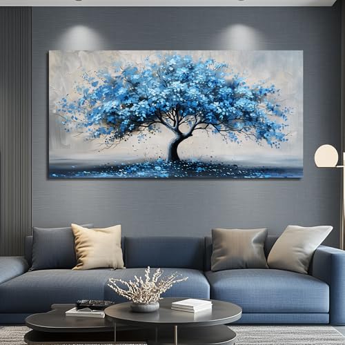 KELIYUAN Canvas Wall Art For Living Room Framed Wall Decorations For Bedroom Office Wall Decor Abstract Painting Blue Tree Pictures Artwork Ready To Hang Guesthouse Room Mural Home Decor 20x40 In