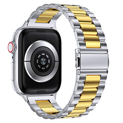 Image of EPULY Compatible with Apple Watch Band 42mm 44mm 45mm 38mm 40mm 41mm, Business Stainless Steel Metal Wristband for iWatch SE Series 7 6 5 4 3 2 1 for Men Women (Silver+Gold, 45mm 44mm 42mm)