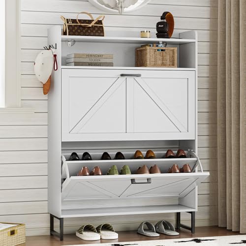 Image of BORNOON Shoe Cabinet with 2 Flip Drawers Narrow Shoe Storage Cabinet Organizer Wooden Freestanding Shoe Rack Hidden Slim Shoes Storage Cabinet for Entryway, Hallway, Bedroom