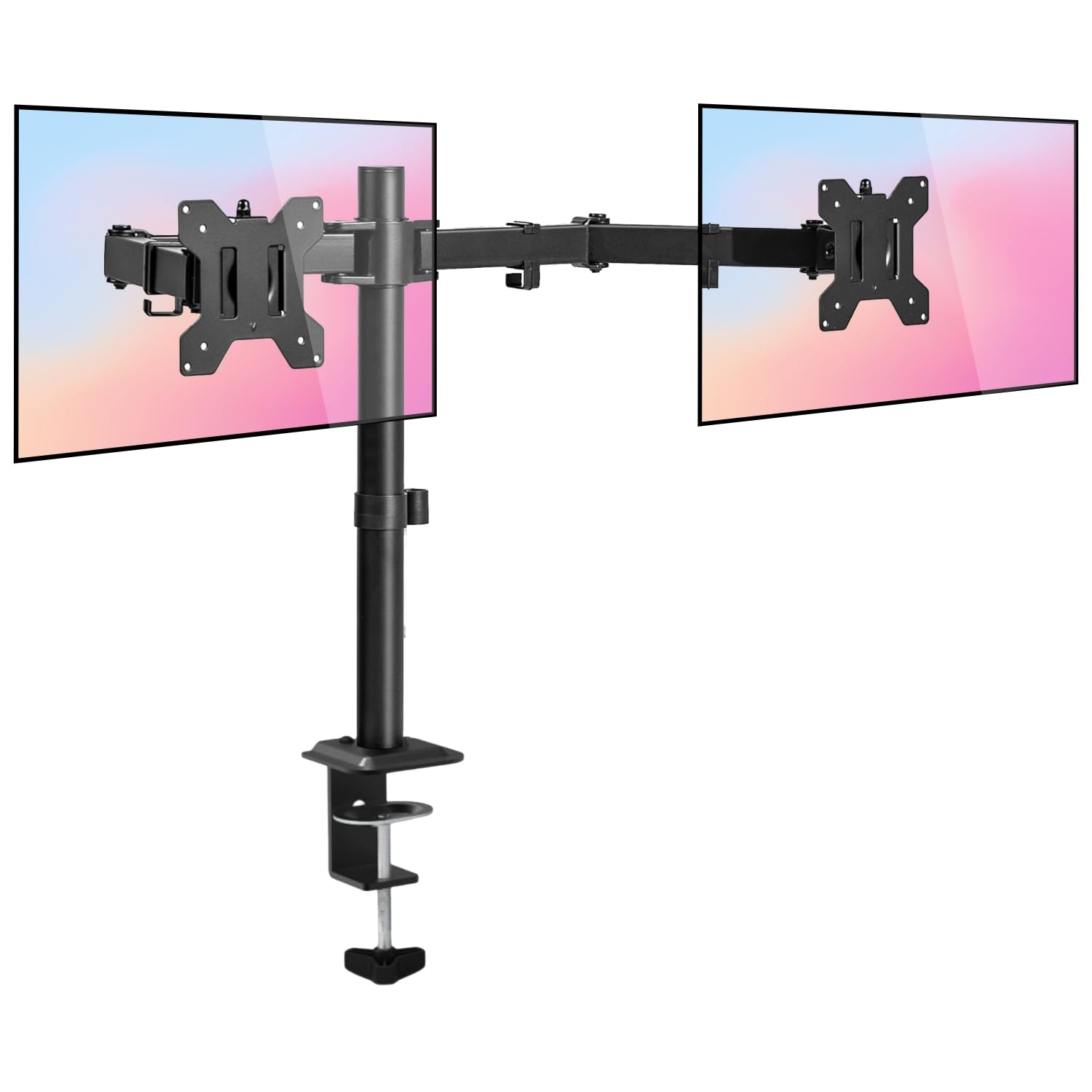 Dyazo Dual Monitor Stand for Desk | Full Motion Adjustable Arms with Height Adjustment, Tilt & Swivel | Supports 13-32 Inch Screens | VESA 75/100 Compatible with C-Clamp & Grommet Mount Base (Black)
