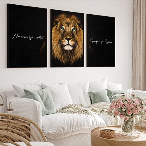 Kit 3 Quadro Decorativo Leão Nunca Foi Sorte Luxo Sala Quarto Hall